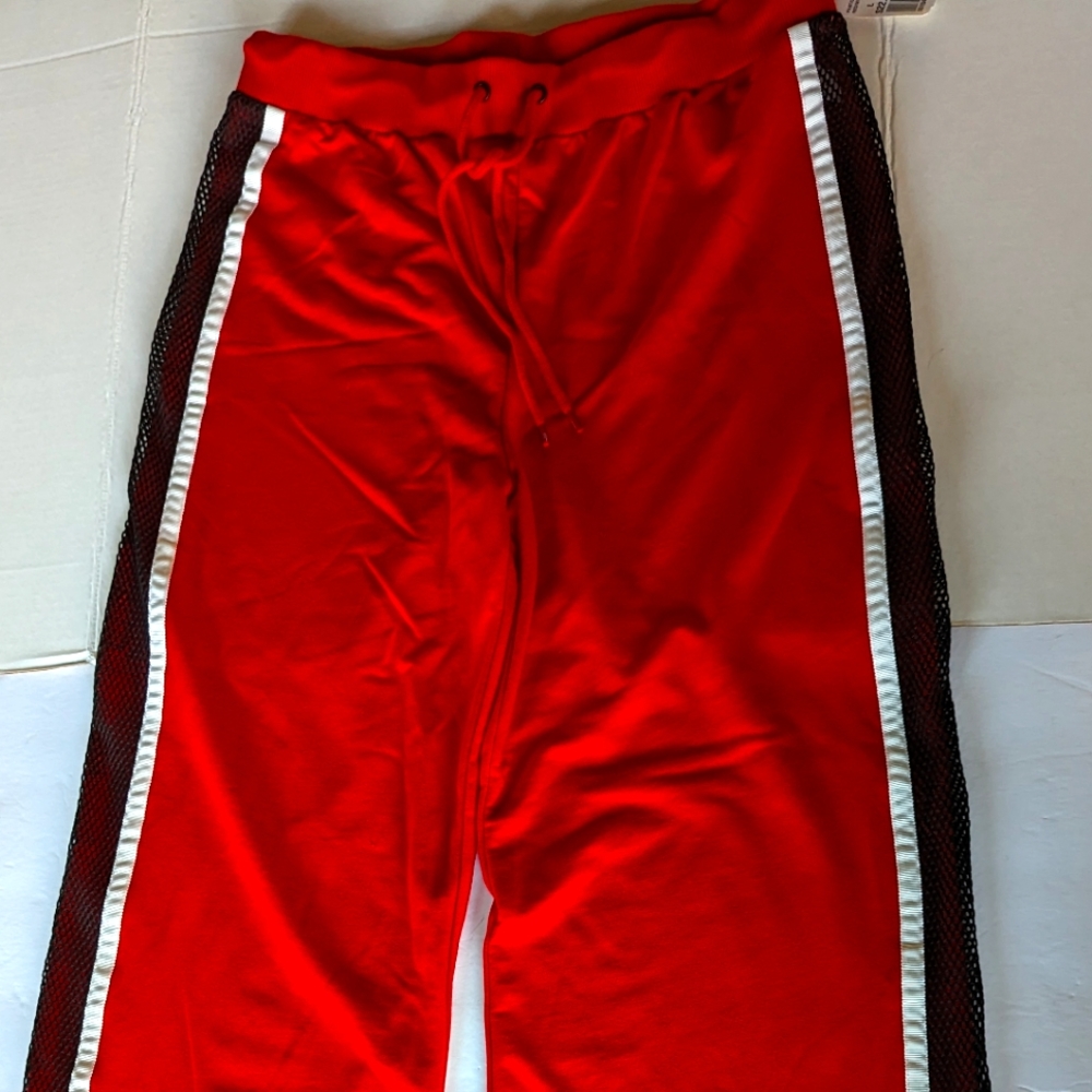 Forever 21 Track Wide Flare Leg Pants L Red Fishnet Stripe Pants Y2K